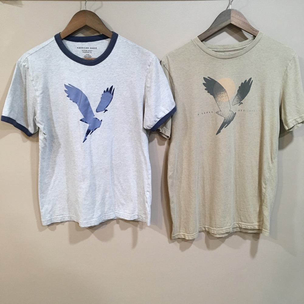 Lot 2 American Eagle Graphic T-Shirt Bundle Mens S Gray Tan Casual Ringer Preppy